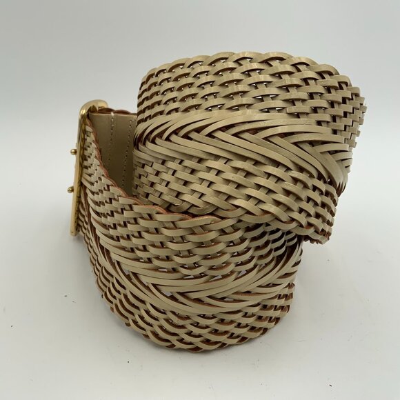 Linea Pelle Women's Cream Leather Woven Braided Wide Belt Brass Buckle - Size S - Picture 4 of 6